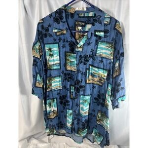 Vtg Hawaiian Shirt Extreme Button Up Sz XL Blue Aloha Beach Palm Tree Soft